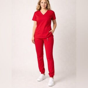 MedCouture Touch Scrub Set Red Size Large V-Neck Top Jogger Pants